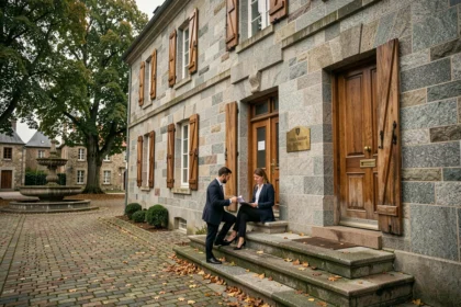 Vue d'ensemble d'un office notarial breton en pierre avec une façade traditionnelle et une plaque en laiton à l'entrée