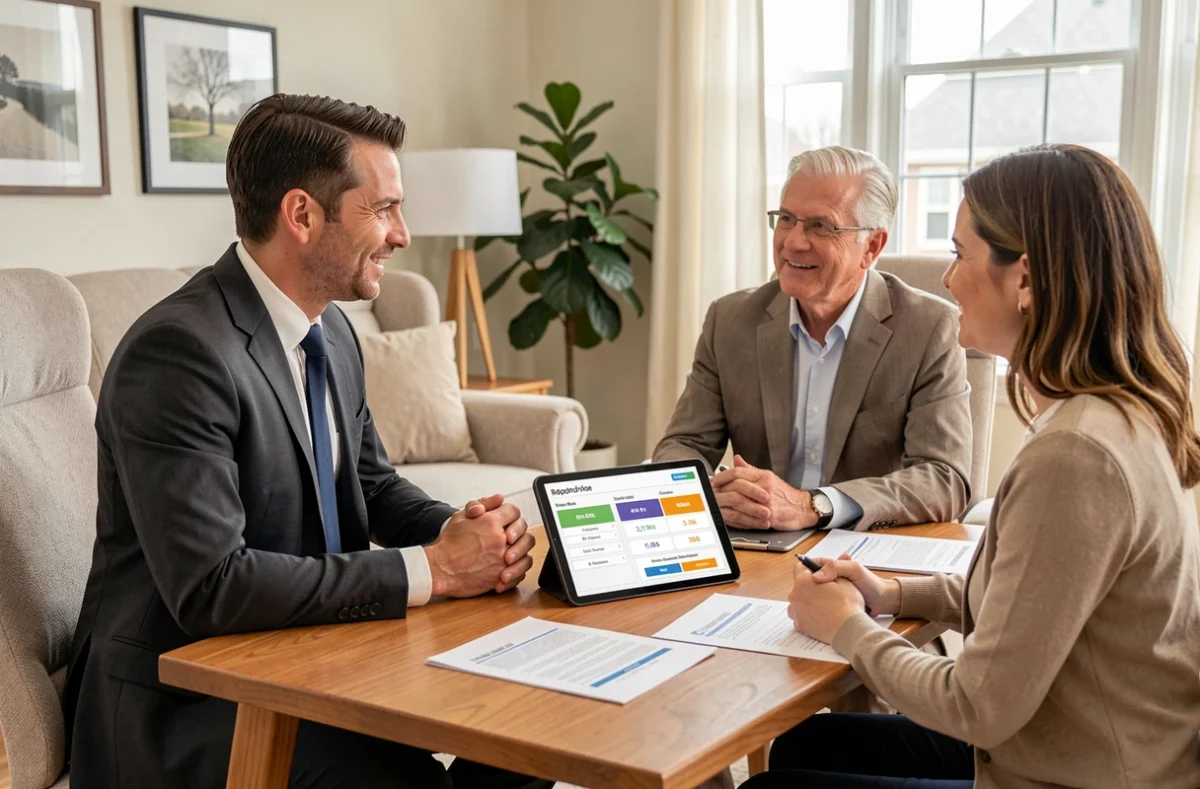 Courtier Meilleurtaux Assurances Toulouse en consultation avec un couple autour d'un comparatif d'assurance