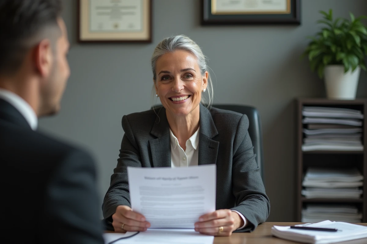 Notaire ou avocate spécialisée en succession tenant un document officiel dans un bureau juridique professionnel