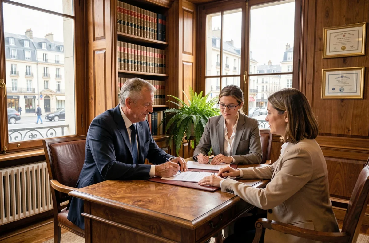Notaire en costume marine consultant un couple autour de documents immobiliers dans un bureau classique près de la Place des Lices à Rennes