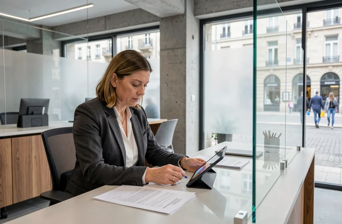 Notaire femme en blazer anthracite consultant des contrats dans un bureau moderne et épuré au cœur de Rennes