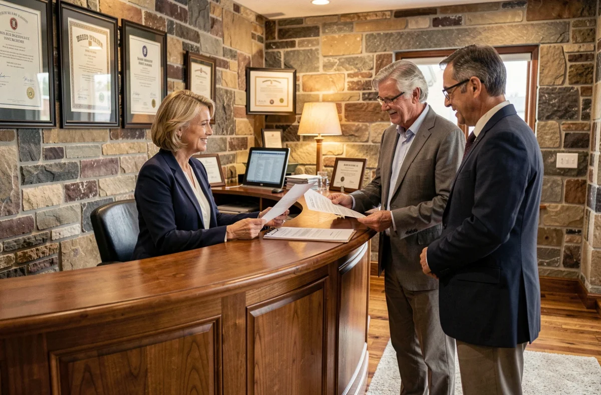 Réception d'un office notarial avec une notaire conseillant un couple pour des documents immobiliers