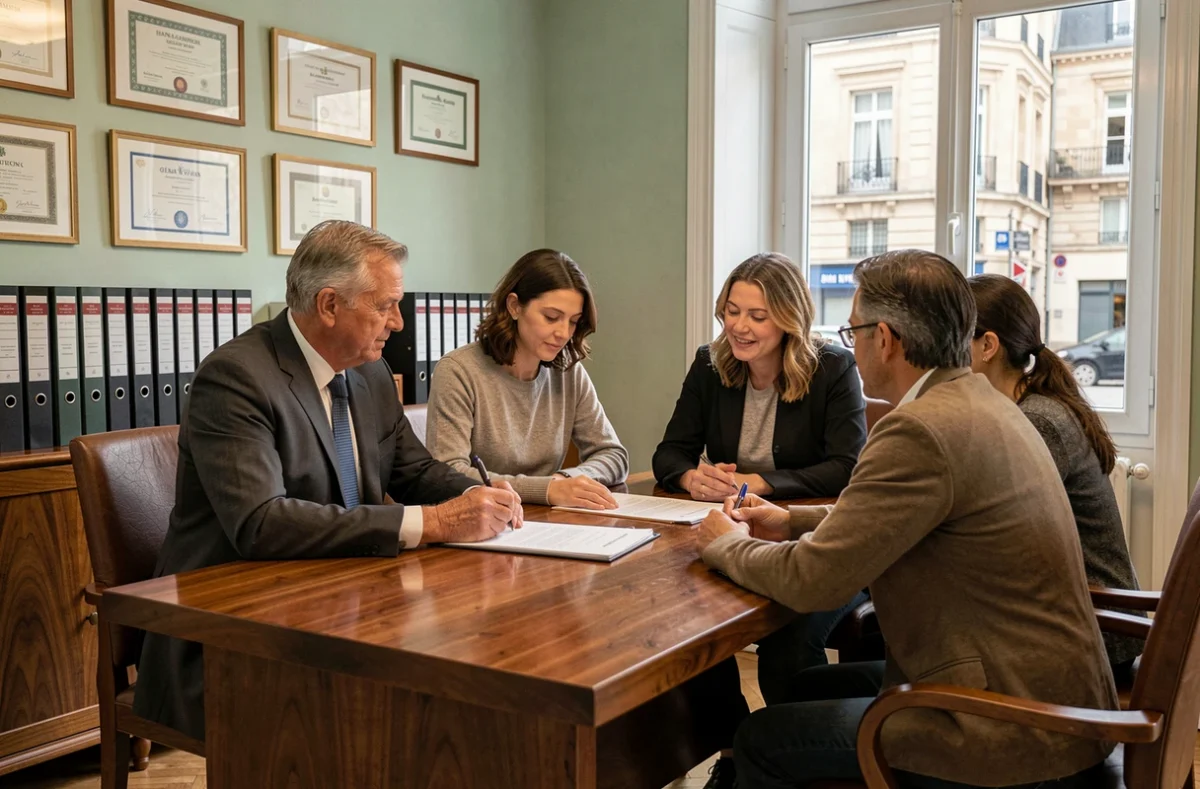 Notaire en réunion de consultation avec une famille autour d'un document d'héritage dans un bureau classique