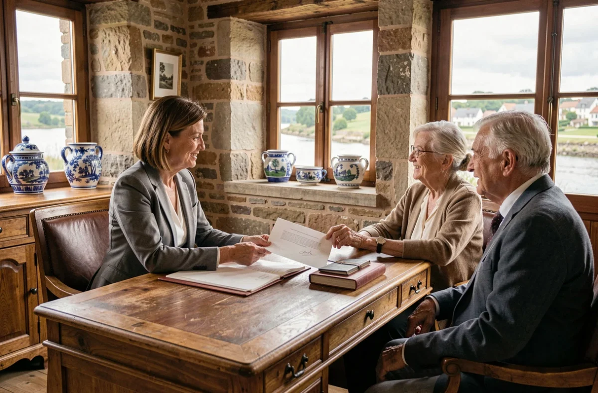 Notaire féminine en tailleur gris présentant un document signé à un couple senior dans un bureau notarial traditionnel à Quimper avec faïences bretonnes