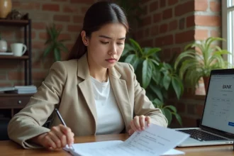 Jeune femme sans revenu fixe consultant des documents bancaires pour une ouverture de compte CIC