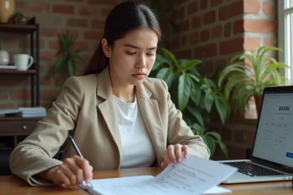 Jeune femme sans revenu fixe consultant des documents bancaires pour une ouverture de compte CIC