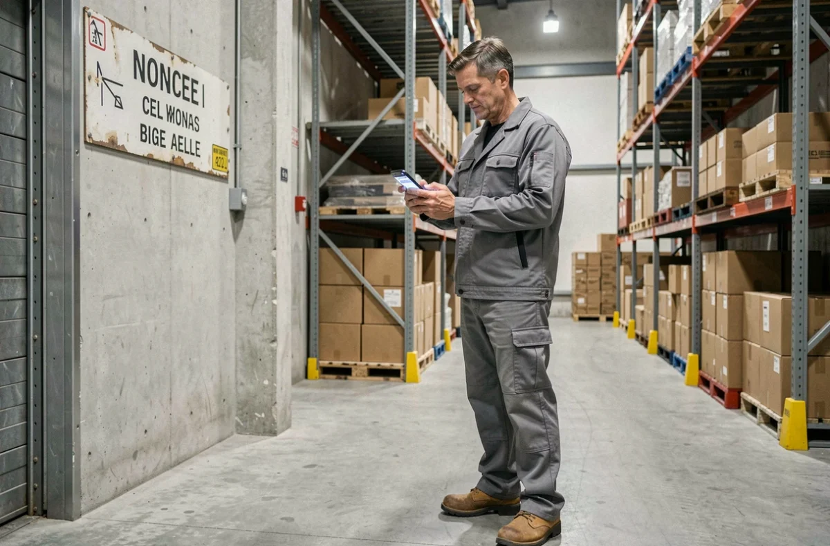 Ouvrier logistique consultant son salaire au SMIC sur smartphone dans un entrepôt en 2026