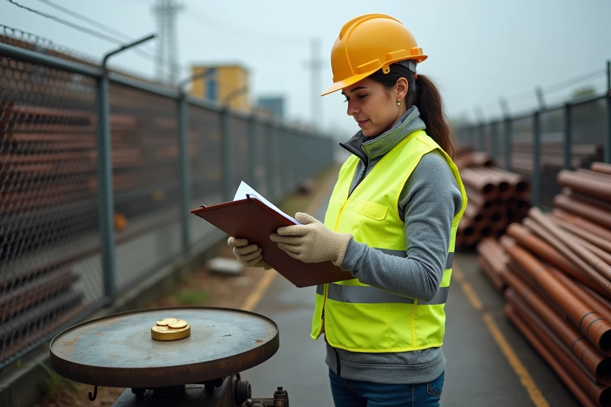 Femme négociante en ferraille évaluant le prix du laiton au kilo sur une balance industrielle