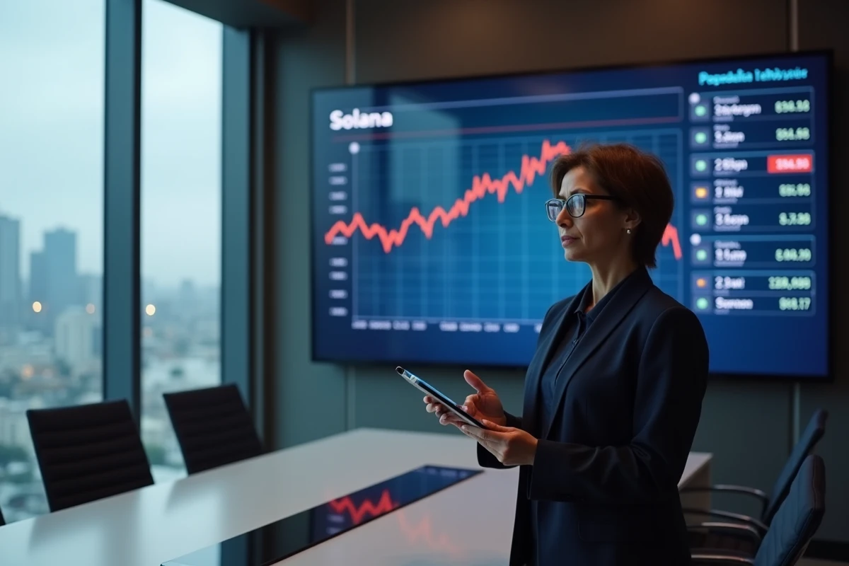 Femme analyste en salle de conférence présentant la baisse de Solana sur un tableau de marché numérique