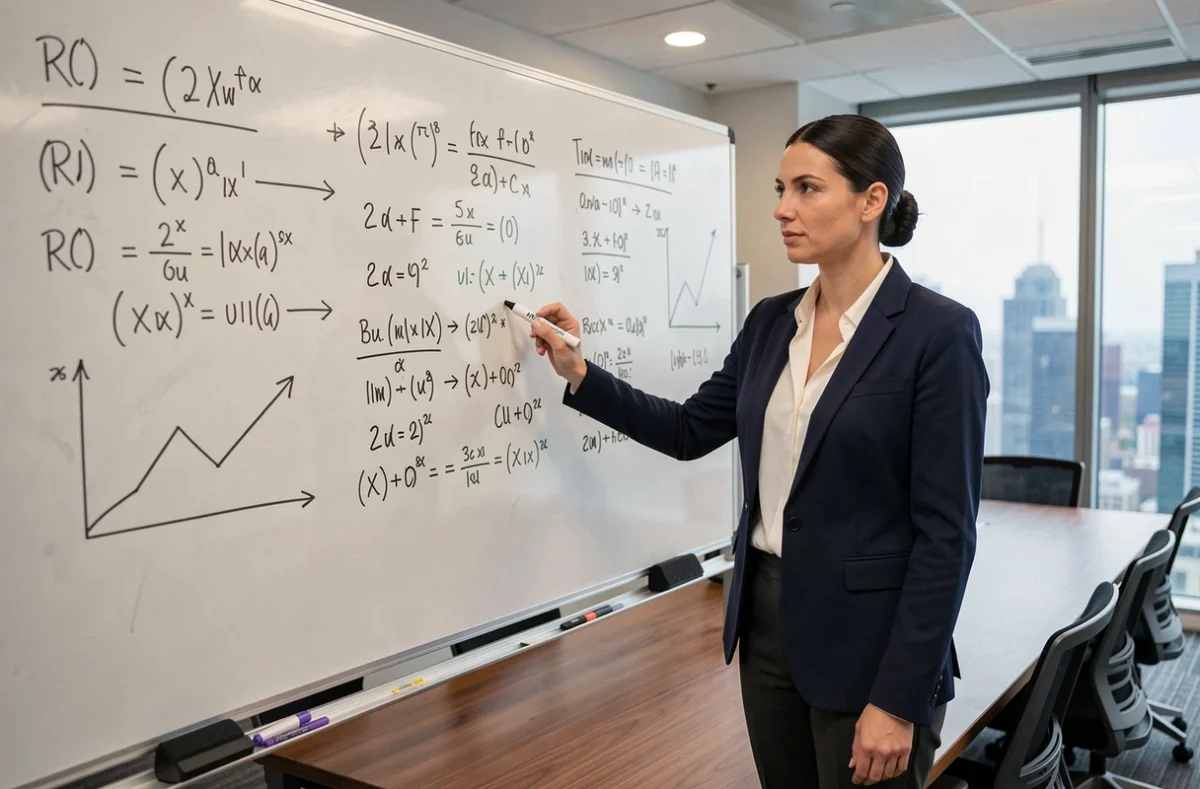 Femme d'affaires présentant des formules de calcul ROI sur un tableau blanc en salle de réunion