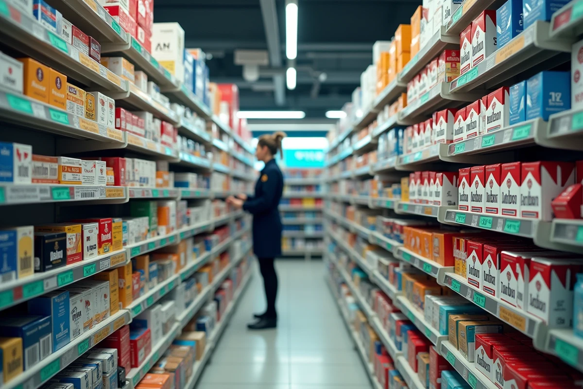 Intérieur d'un magasin duty-free suisse près de la frontière avec des rangées de cartouches de cigarettes et des prix affichés en francs suisses et en euros en 2026