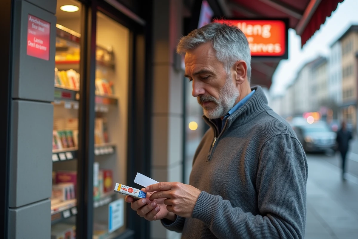 Homme tenant un paquet de cigarettes et un reçu devant un kiosque en Suisse, illustrant le prix des cigarettes en euros en 2026