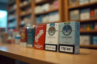Paquets de cigarettes Marlboro et Camel avec étiquettes de prix en francs suisses et en euros posés sur un comptoir en bois dans un bureau de tabac suisse en 2026
