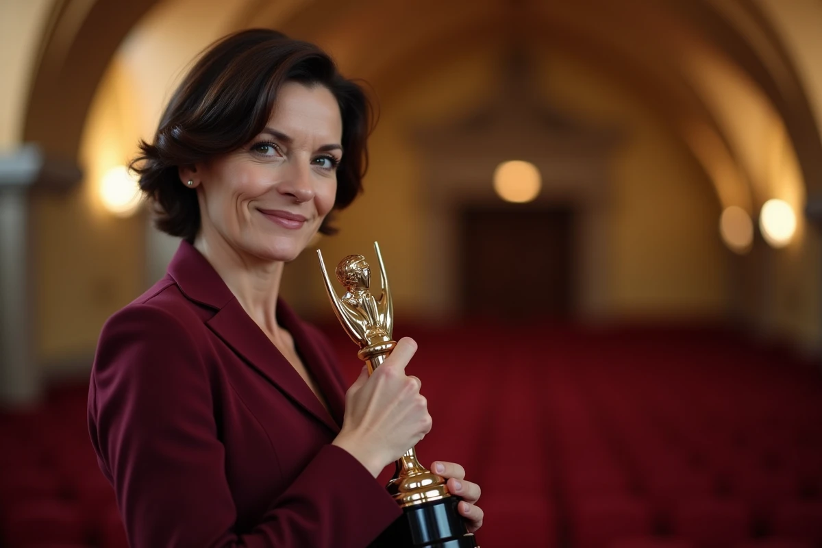 Femme professionnelle tenant un trophée lors de la cérémonie de remise du prix Philip Morris Espagne 2026 dans un auditorium élégant