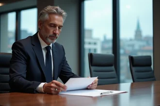 Dirigeant d'entreprise examinant des documents officiels liés au prix Philip Morris Espagne 2026 dans une salle de conférence moderne