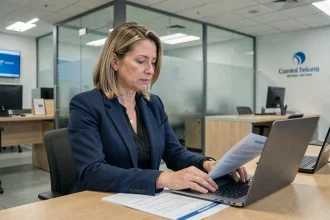 Professionnelle en blazer marine consultant des documents bancaires Crédit Agricole dans une agence moderne