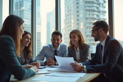 Professionnels souriants discutant de salaire dans un bureau lumineux