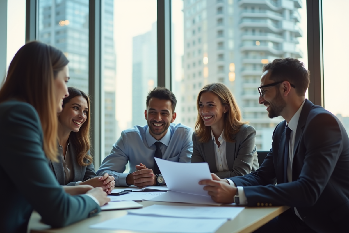 Professionnels souriants discutant de salaire dans un bureau lumineux