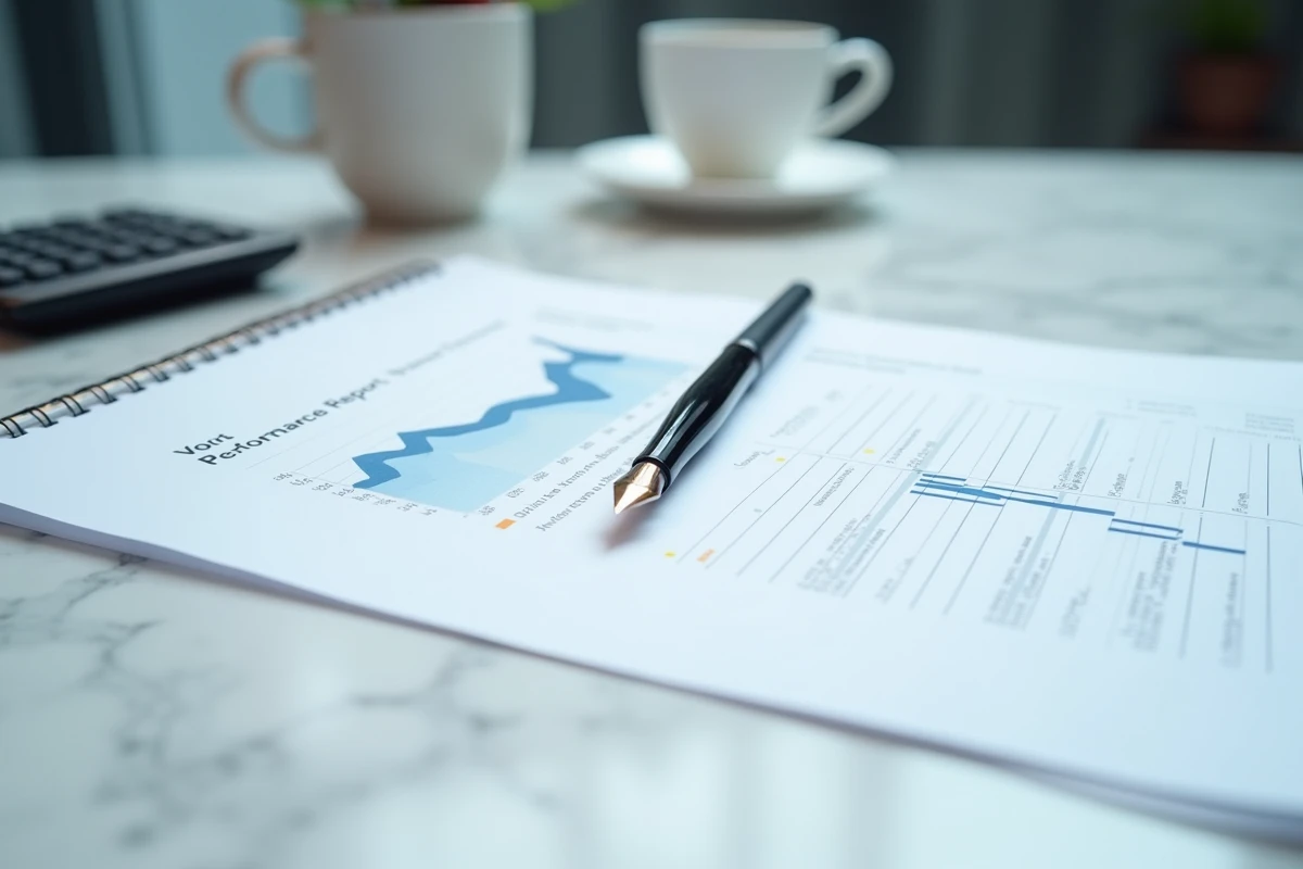 Gros plan sur un rapport financier d'assurance vie avec courbes de performance des fonds en euros sur un bureau en marbre