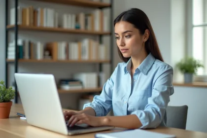 Femme cherchant l'adresse d'une entreprise d'assurance sur son ordinateur portable depuis un bureau à domicile