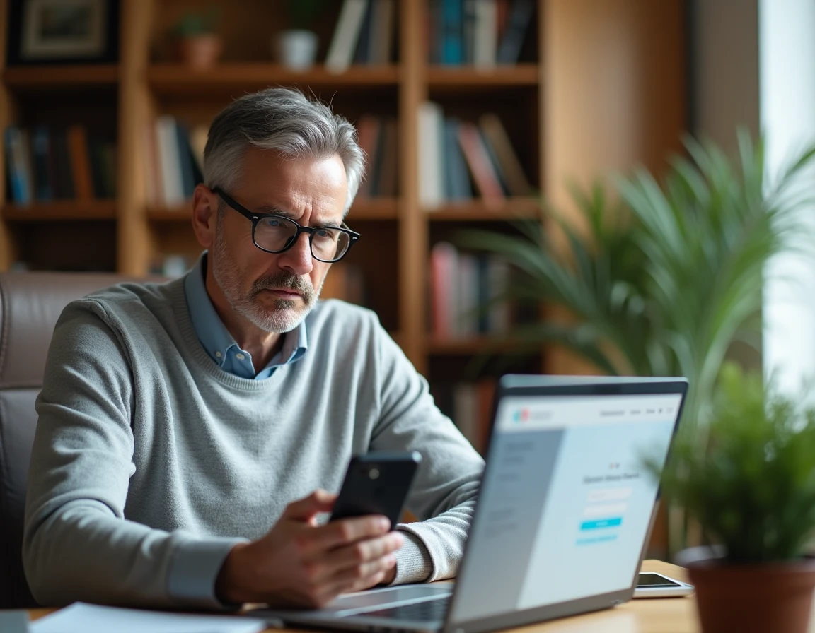 Homme utilisant son smartphone pour récupérer l'accès à son espace bancaire privé BNP Paribas depuis son domicile