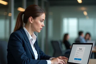 Femme professionnelle réinitialisant son mot de passe sur le site mabanqueprivee.bnpparibas depuis un bureau moderne
