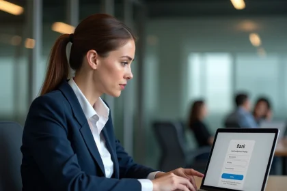 Femme professionnelle réinitialisant son mot de passe sur le site mabanqueprivee.bnpparibas depuis un bureau moderne