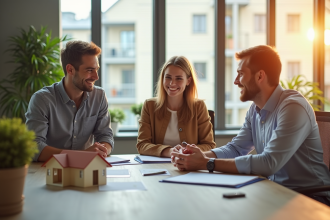 Jeune couple rencontrant un conseiller immobilier dans un bureau lumineux