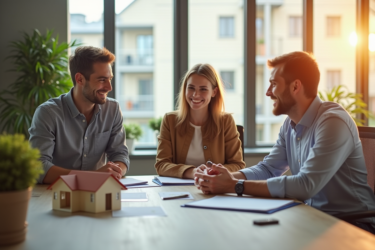 Jeune couple rencontrant un conseiller immobilier dans un bureau lumineux
