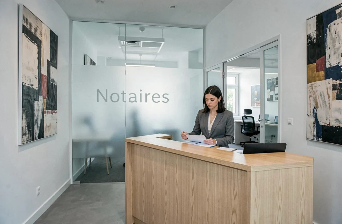 Hall d'accueil moderne d'un office notarial avec réceptionniste professionnelle et cloison en verre gravé