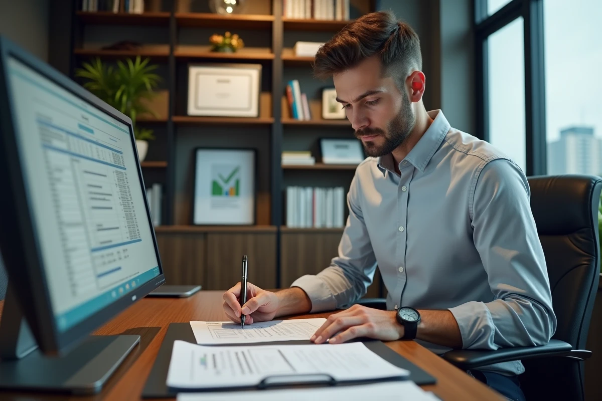 Responsable financier complétant un formulaire de remboursement de formation professionnelle dans un bureau privé
