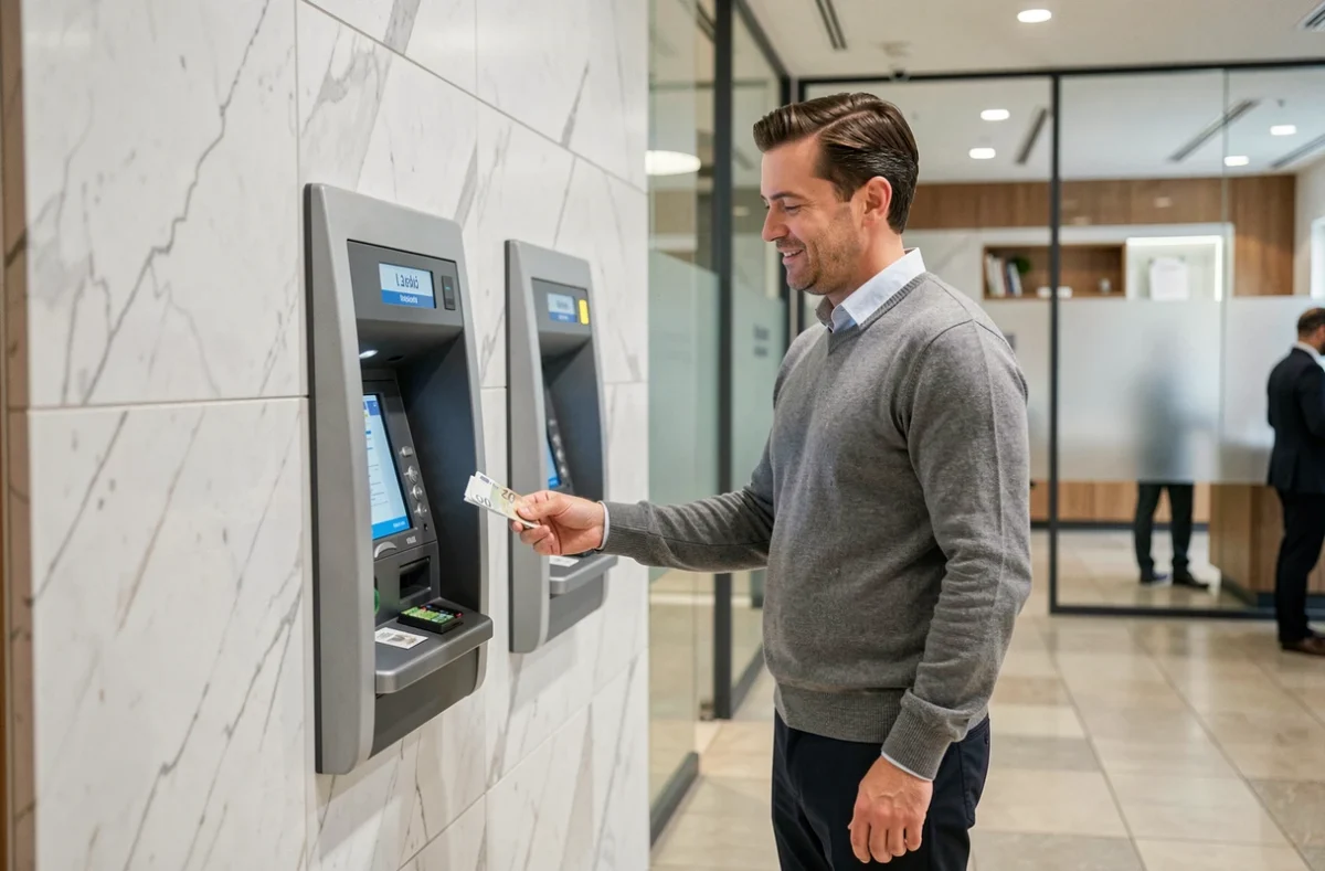 Client retirant des billets en urgence à un distributeur automatique à l'intérieur d'une agence bancaire moderne