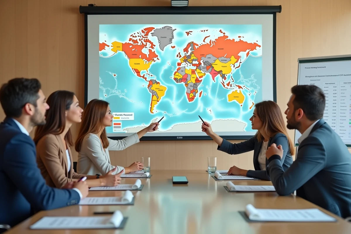 Groupe de professionnels étudiant une carte du monde pour distinguer pays émergents, en développement et PMA