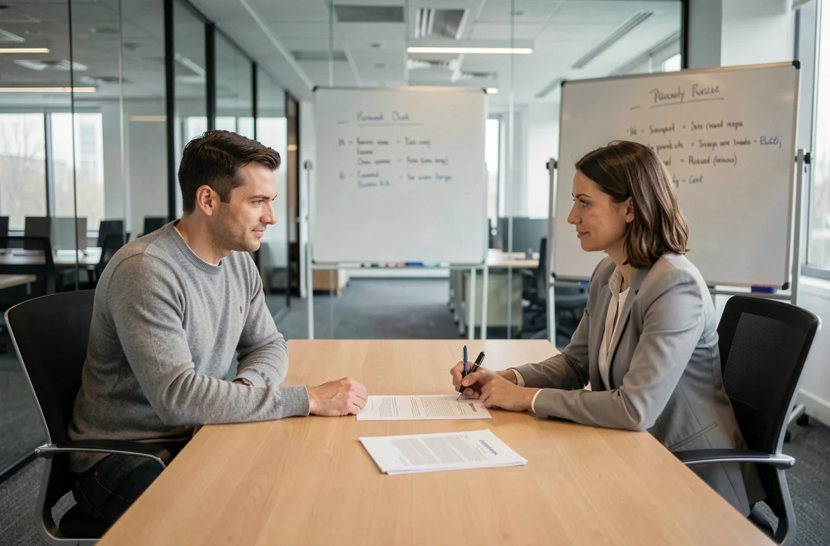 Employé discutant des conditions de rupture conventionnelle et des droits au chômage avec un responsable RH dans une salle de réunion vitrée