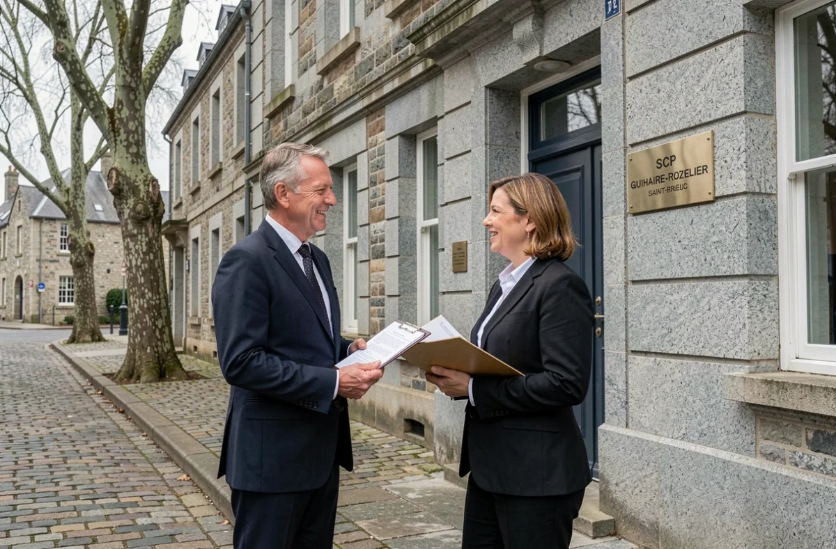 Deux notaires en tenue formelle devant la façade en granit de l'office notarial SCP Guihaire-Rozelier à Saint-Brieuc avec une plaque en laiton à l'entrée