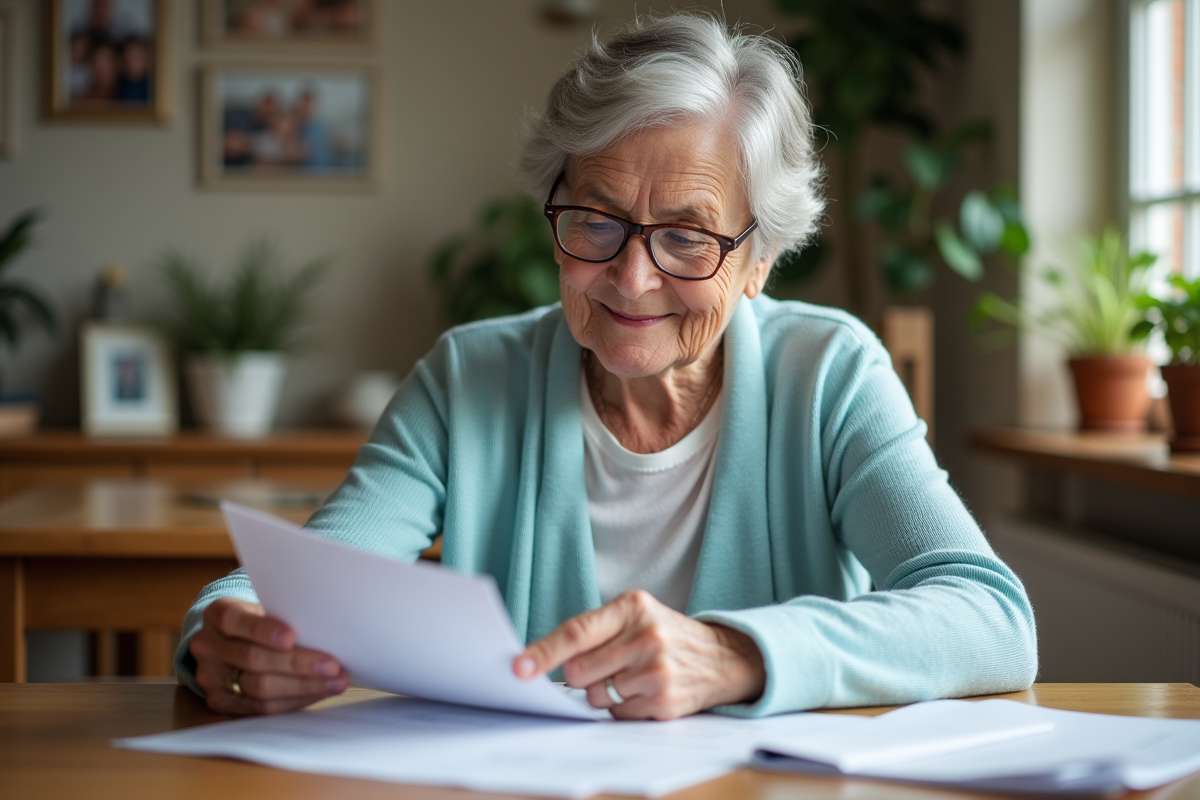 Femme âgée souriante lisant des documents de pension