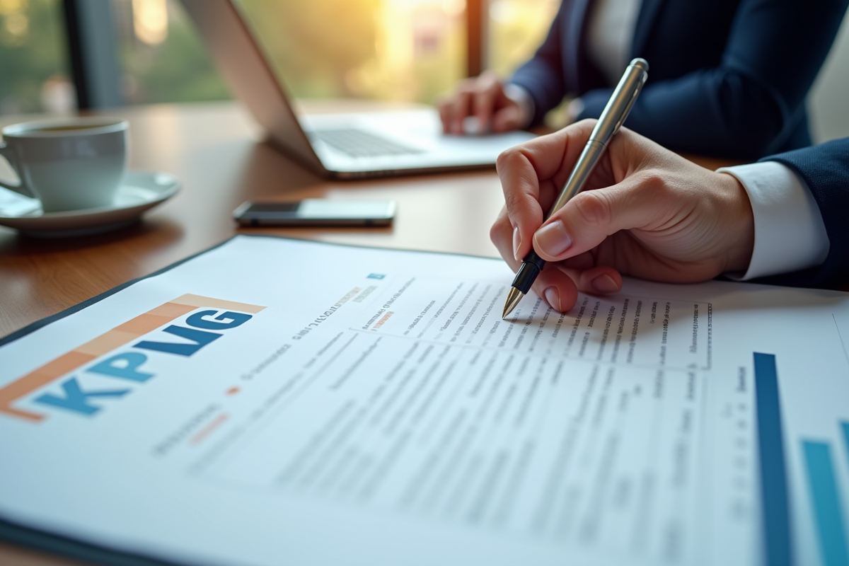 Main signant un contrat de travail KPMG avec graphiques financiers