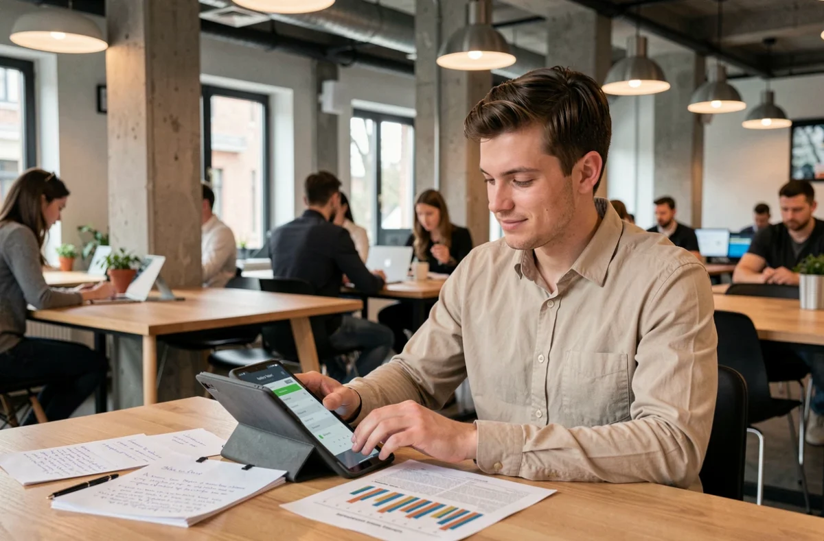Jeune professionnel simulant son salaire net au Luxembourg dans un espace de coworking