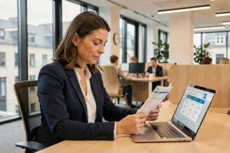 Femme professionnelle calculant son salaire net au Luxembourg sur un simulateur en ligne