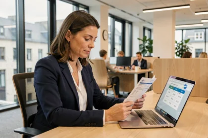 Femme professionnelle calculant son salaire net au Luxembourg sur un simulateur en ligne