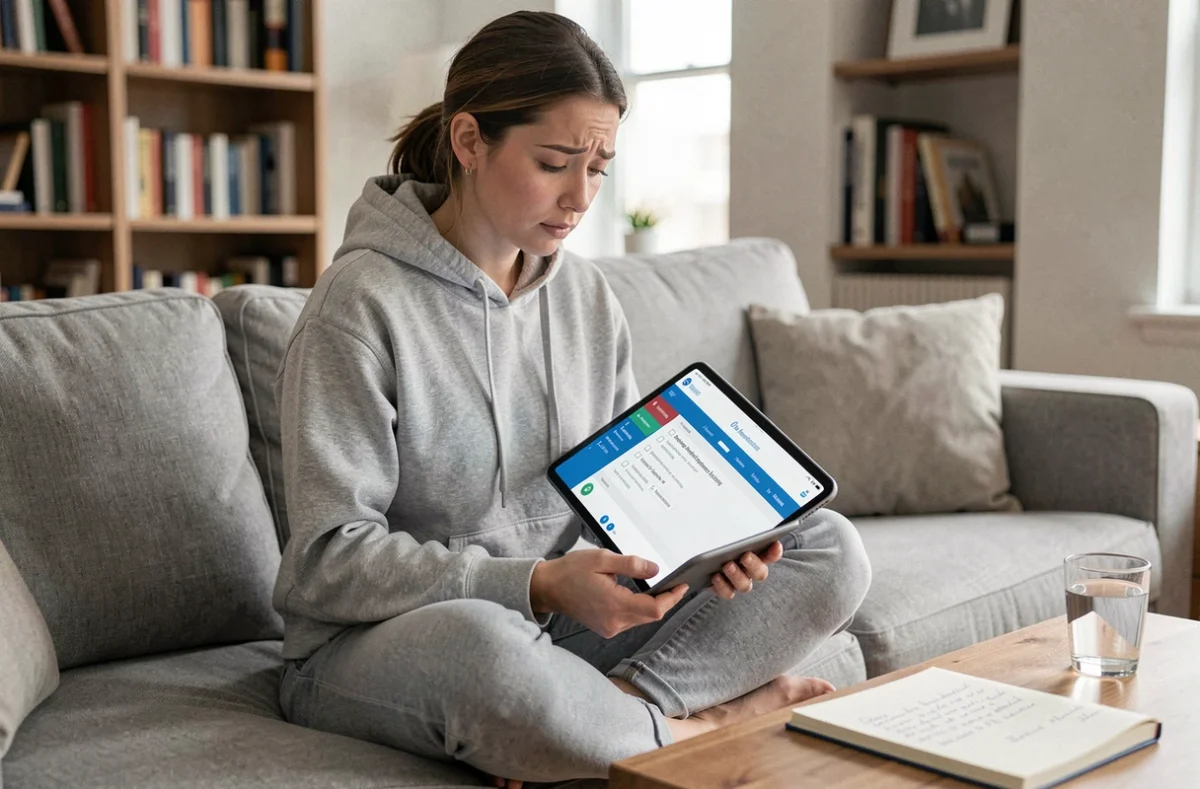 Jeune femme hésitante consultant les options de souscription Quadretto sur tablette depuis son salon