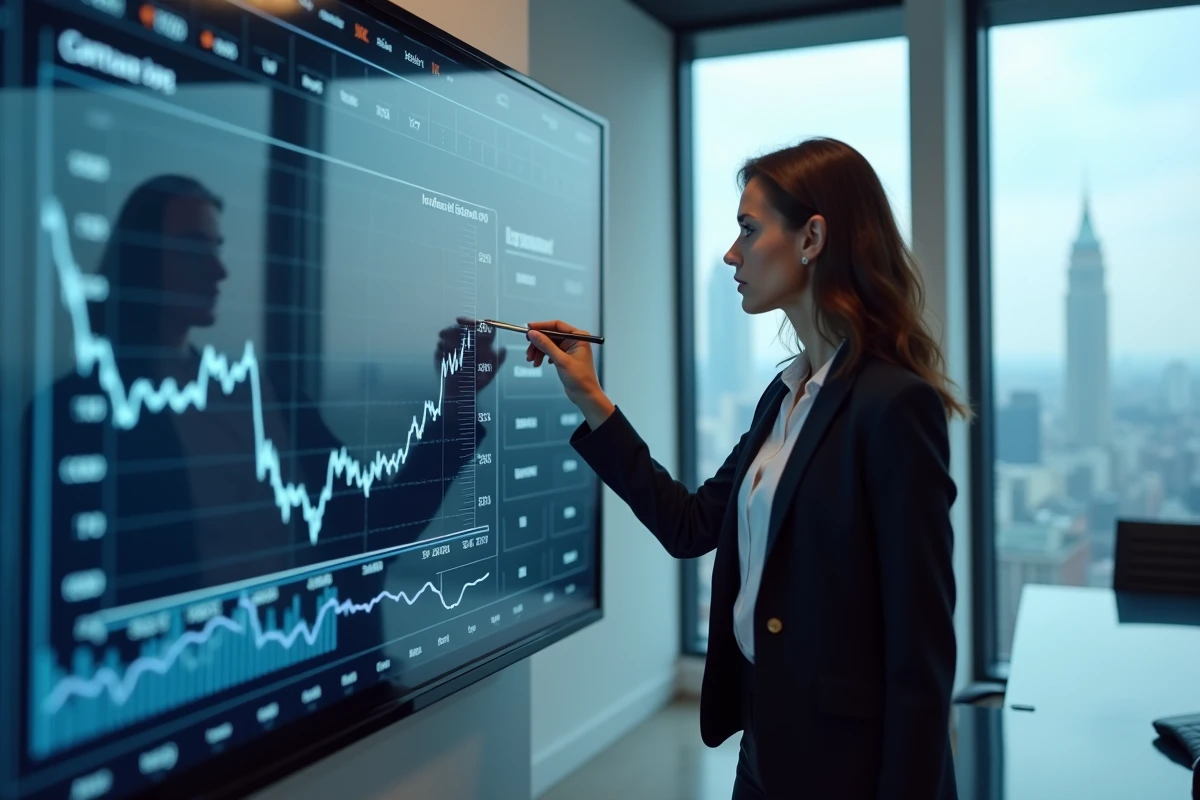 Stratège en investissement analysant un repli boursier sur un écran interactif dans une salle de réunion de finance moderne, contexte de décision sur l'action Thales