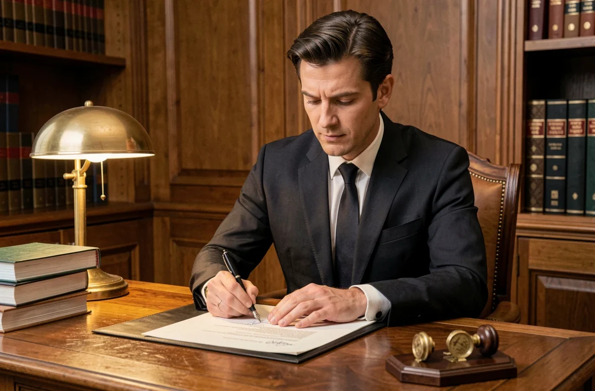 Notaire masculin en costume sombre signant un acte notarié avec un stylo plume dans un bureau traditionnel aux boiseries et à la plaque de cire