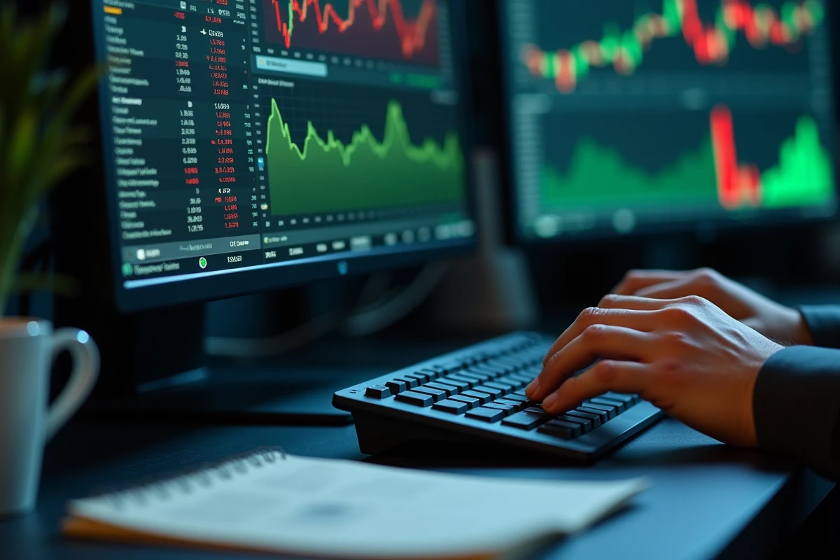 Gros plan sur les mains d'un trader analysant les données EPA AIR d'Airbus sur un terminal financier en temps réel