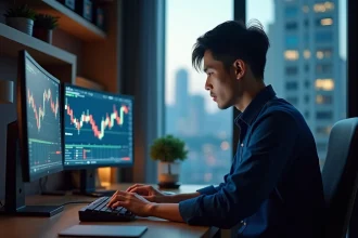Trader asiatique concentré devant ses écrans de bourse au petit matin dans un bureau minimaliste