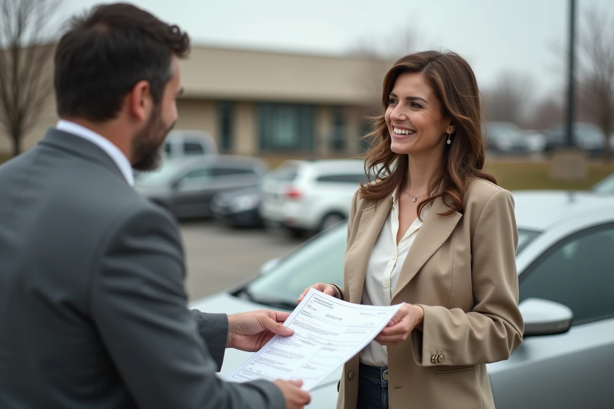 Deux particuliers échangeant un chèque et les papiers d'une voiture d'occasion dans un parking, transaction sécurisée entre vendeur et acheteur