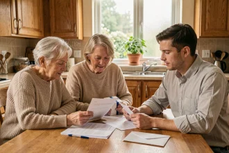 Grand-parents et petit-enfant adulte discutant d'une transmission de patrimoine autour de documents financiers et d'une enveloppe cadeau sur une table en bois