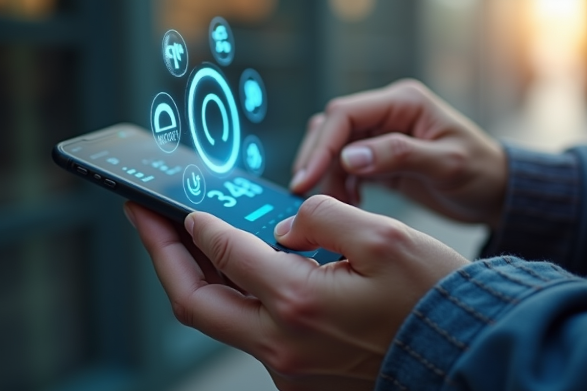Mains tenant un smartphone avec application bancaire et sécurité biométrique