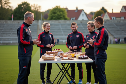 Groupe de supporters en survêtements lors d'une vente de pâtisseries