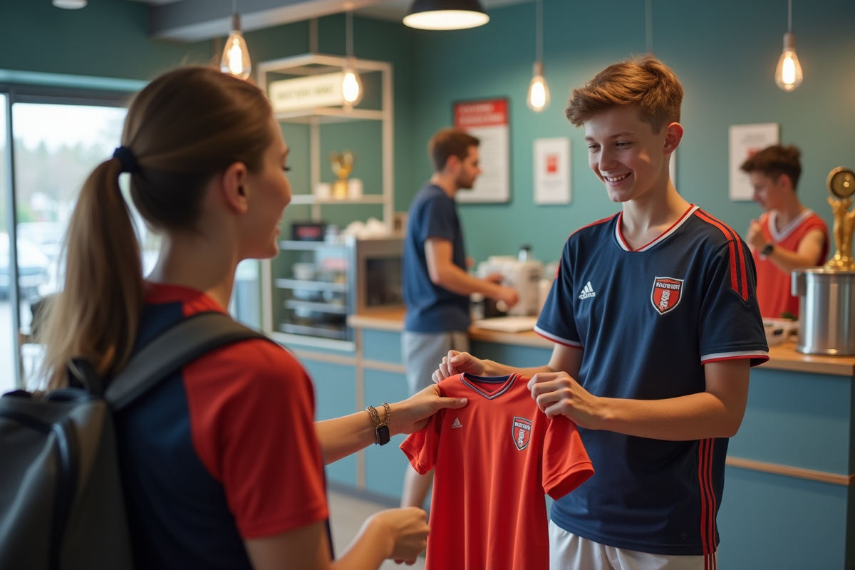 Jeune garçon souriant vendant un T-shirt de club à une cliente